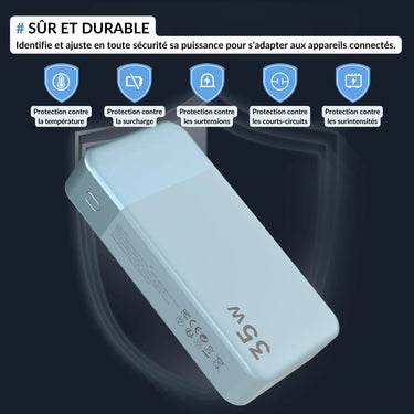 Batterie externe 35W portable avec protections intégrées contre la surchauffe, surtensions, courts-circuits et surintensités. Accessoire de voyage sûr et durable pour smartphone, tablette et gadgets connectés.